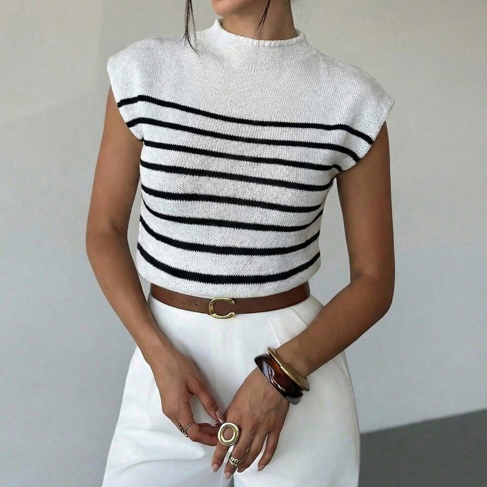 Black and White Casual Elegant Women's High Neck Striped Knit Tank Top